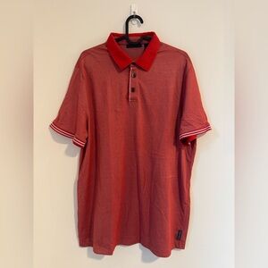 Perry Ellis Red Polo Shirt with Striped Sleeves